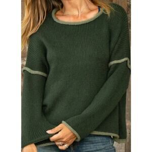 WOODEN SHIPS Eliza Crew Chunky Pullover Sweater Green Rolled Hem S/M